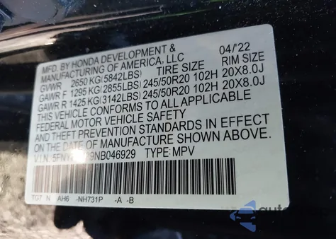 2022 Honda Pilot Awd Special Edition z USA, uszkodzony, nr VIN 5FNYF6H29NB046929